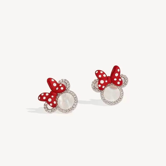Minnie Mouse Disney World Gold Diamond Polka Dot Red Cute Mini Stud Earrings - Picture 3 of 6